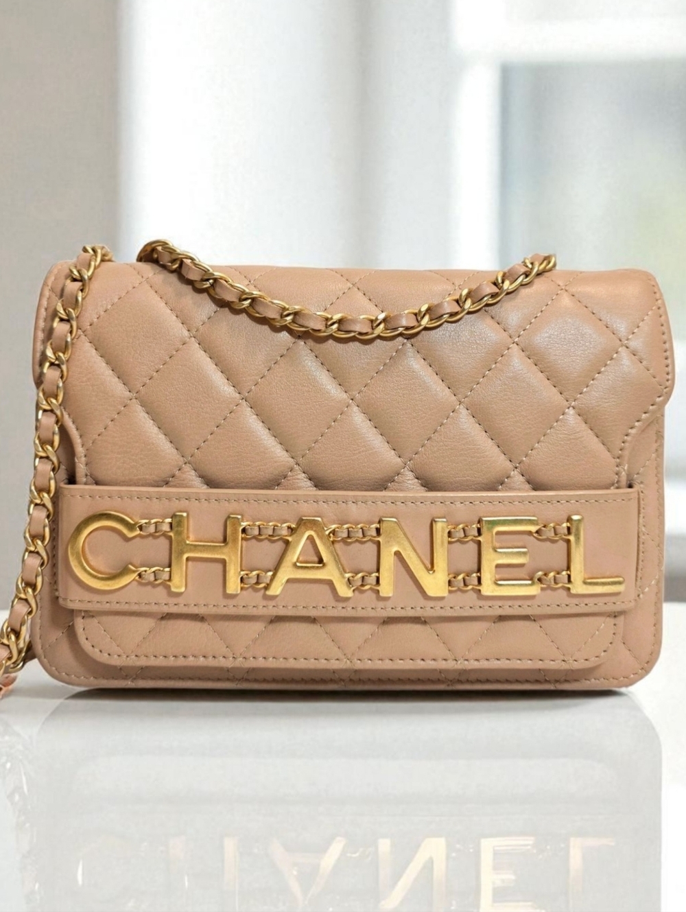 Chanel Enchained Logo Flap Wallet On Chain Calfskin Beige